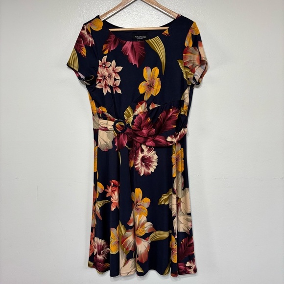 Perceptions Navy Floral Knee Length Jersey Knit Dress Size L - Picture 1 of 5